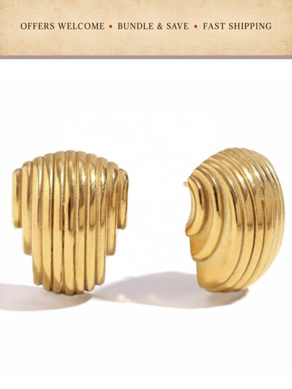 Gold Statement Drop Earrings Textured Dome Wings Hypoallergenic